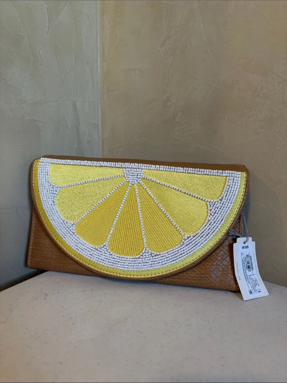 a new day Yellow & Tan Lemon Slice Beaded Clutch